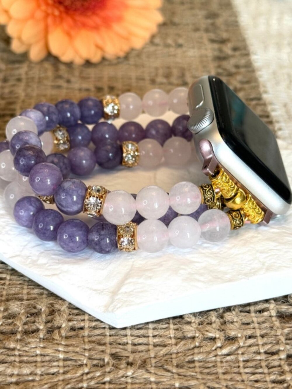 Apple Watch Band 42/44mm Angelite Rose Quartz Crystal Beaded Handmade Bracelet